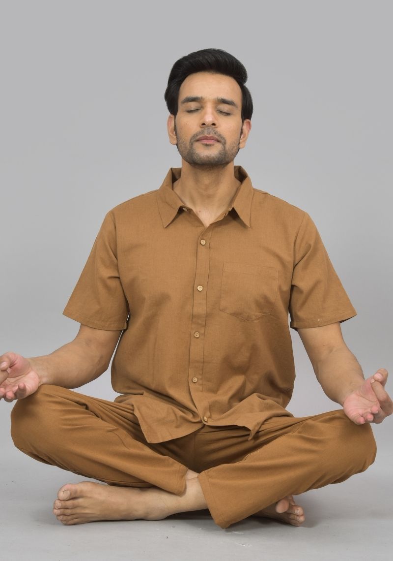 Men Cotton Shirt Solid Co-ord Set Brown-47321