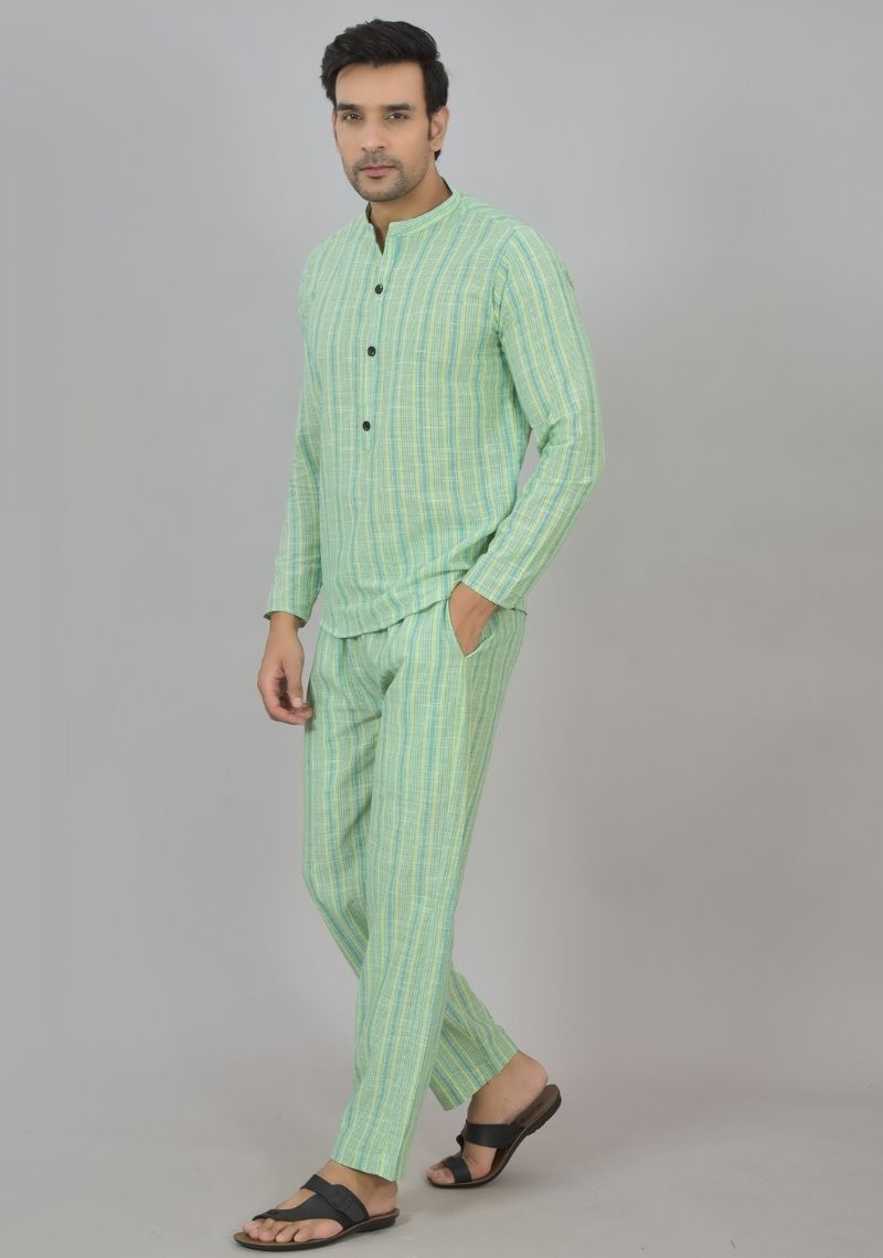 Men Cotton Stripe Co-ord Set Green White-48601