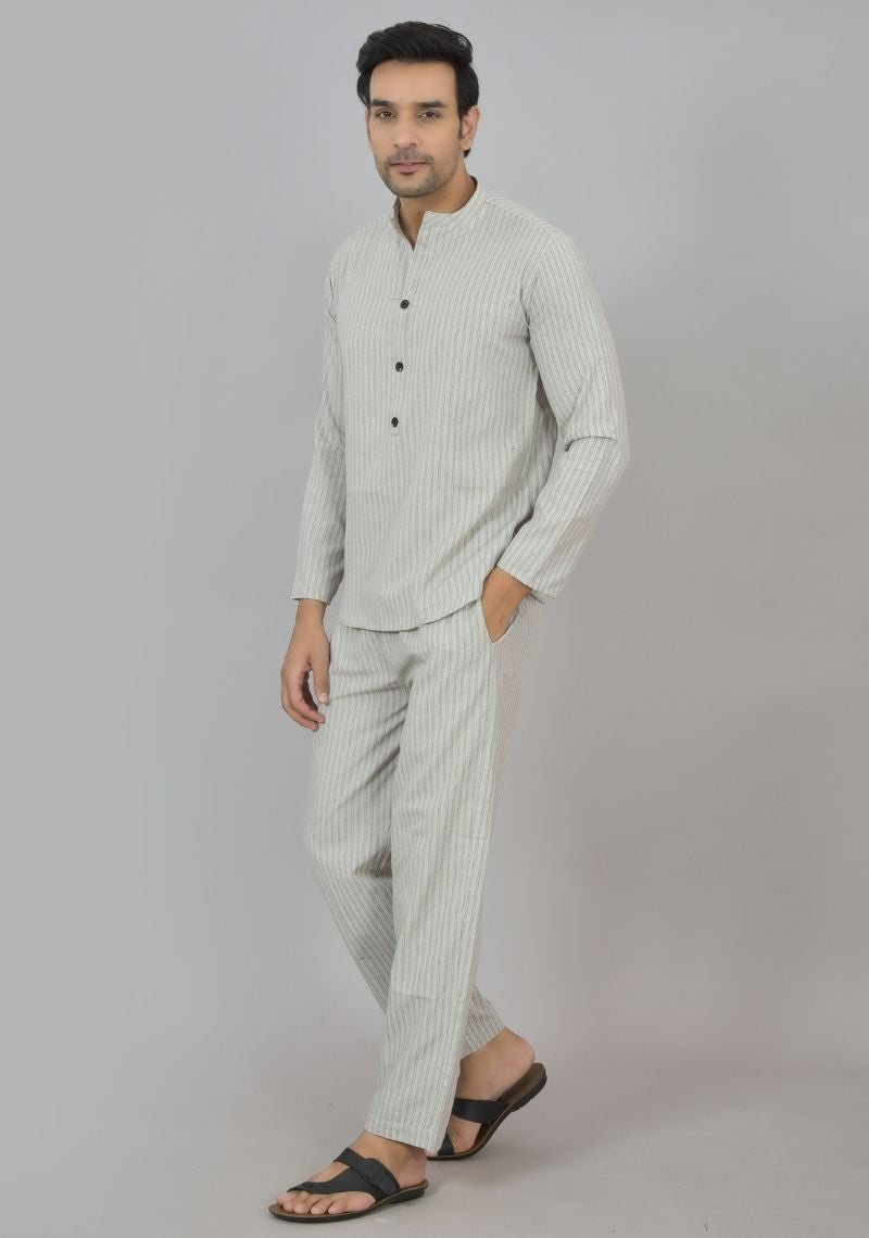 Men Cotton Stripe Co-ord Set White Black-48604