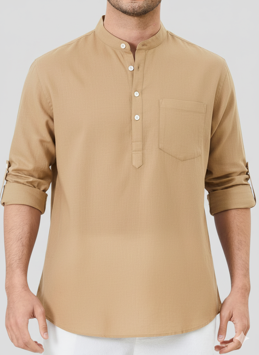 Dark Beige Linen Solid Short Kurta-50846