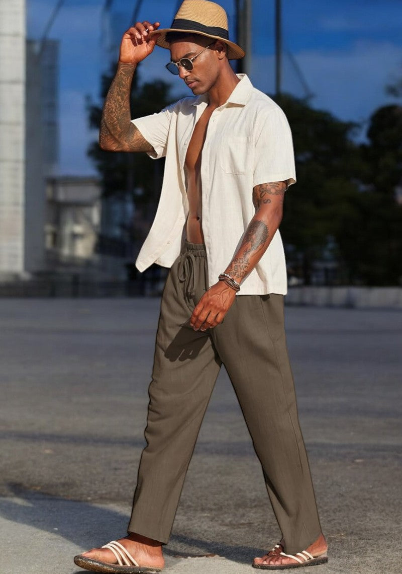 Khaki Linen Loose Fit Men Pant-49498