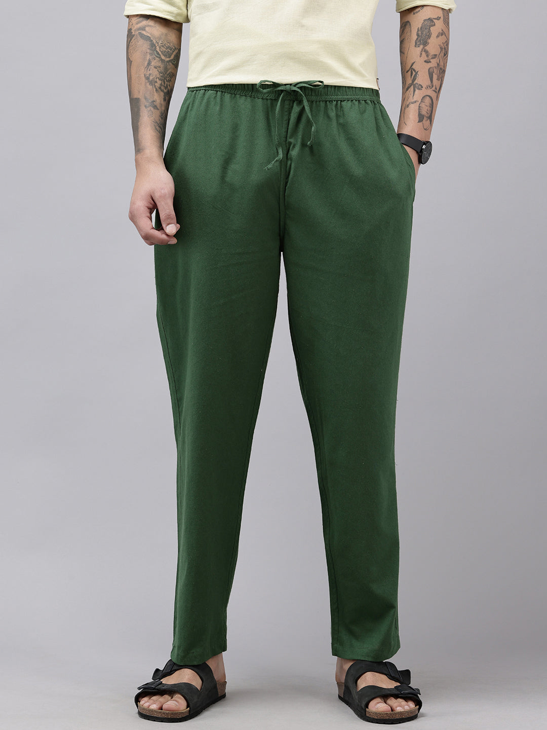 Men's Cotton Blend Solid Trouser Pants – Relaxed Fit | Elastic Waistband with Drawstring | Side & Back Pockets | Casual Everyday Comfort