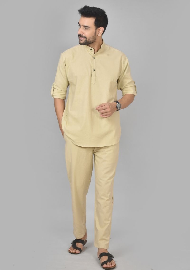 Men Cotton Solid Co-ord Set Beige-50208