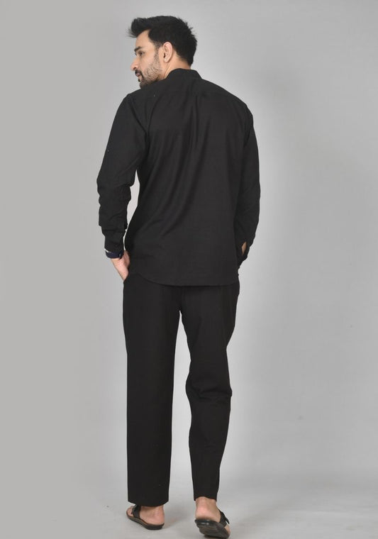 Men Cotton Solid Co-ord Set Black-50217