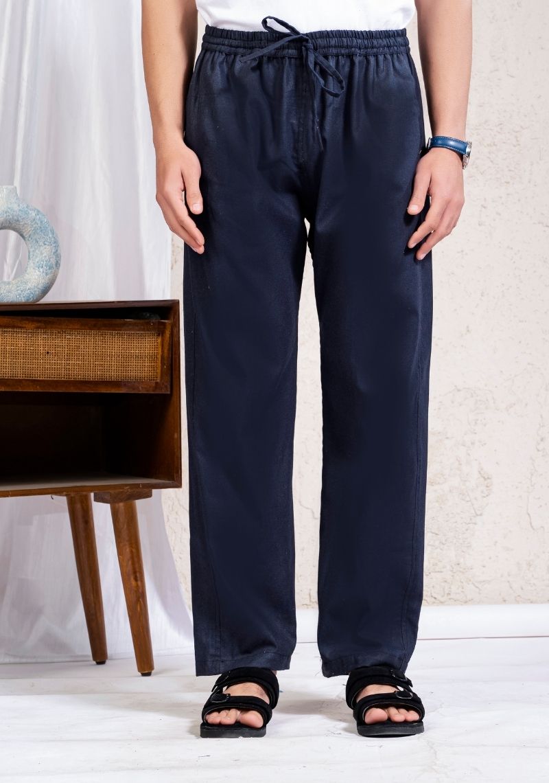 Navy Blue Cotton Linen Loose Fit Men Pant-49524