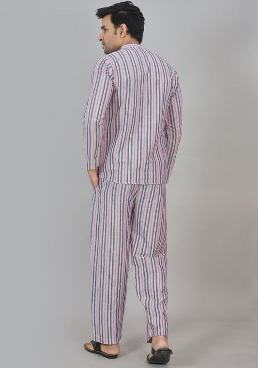 Men Cotton Stripe Co-ord Set Pink Black-48587