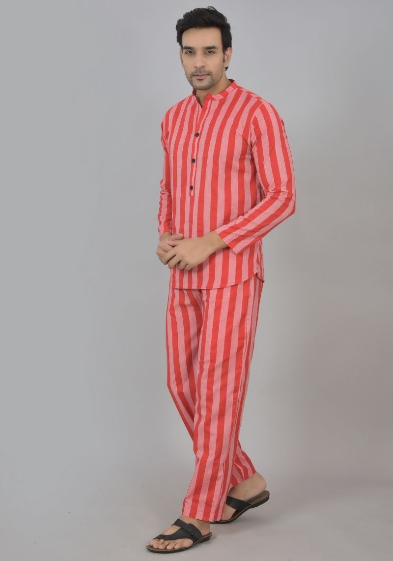 Men Cotton Stripe Co-ord Set Red Pink-48590