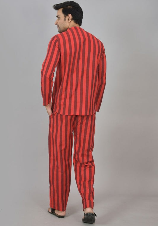 Men Cotton Stripe Co-ord Set Maroon Red-48591