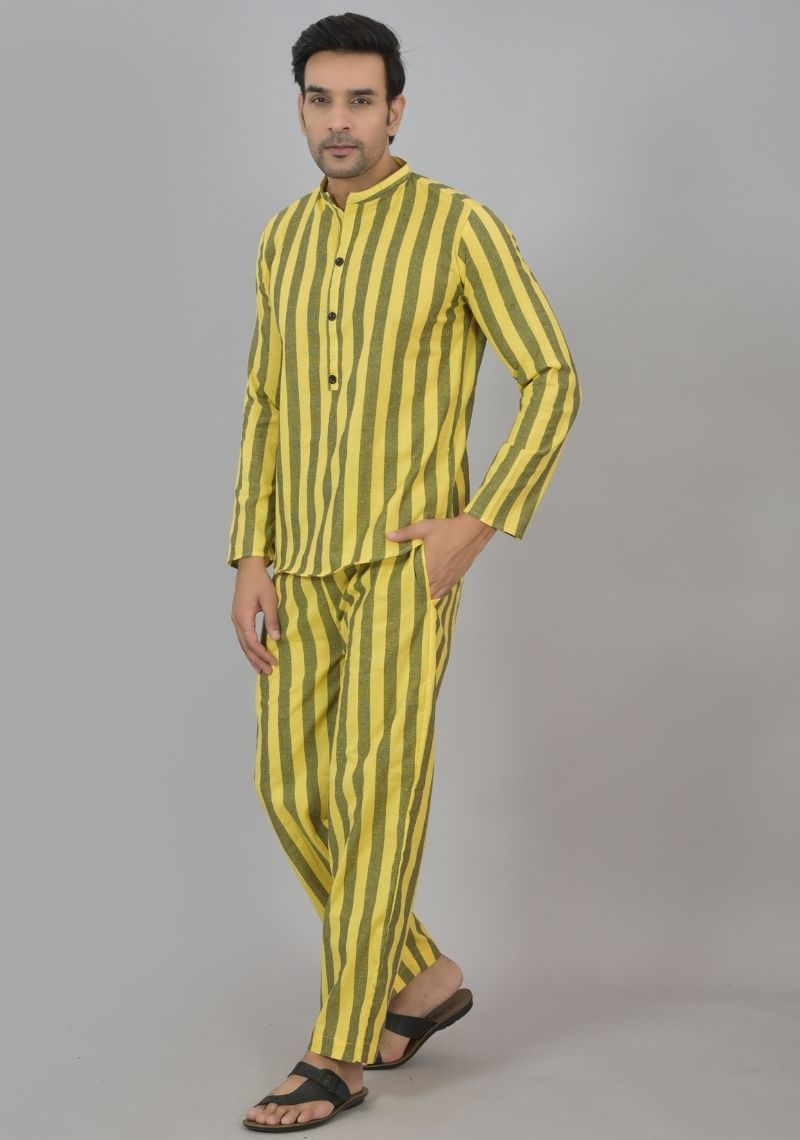 Men Cotton Stripe Co-ord Set Yellow Brown-48592