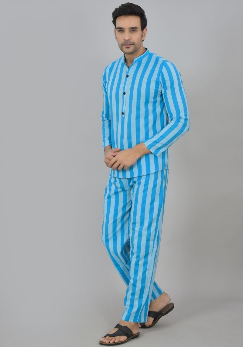 Men Cotton Stripe Co-ord Set Blue Sky Blue-48597