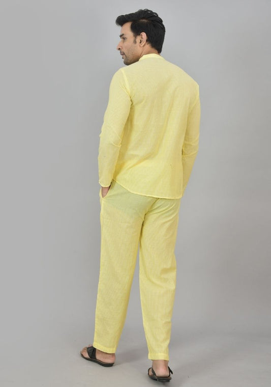Men Cotton Stripe Co-ord Set Yellow White-48600