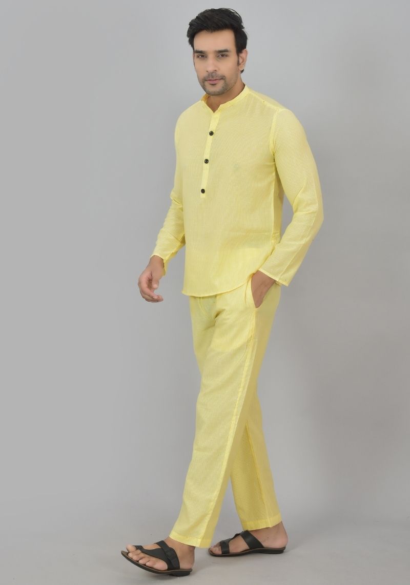 Men Cotton Stripe Co-ord Set Yellow White-48600