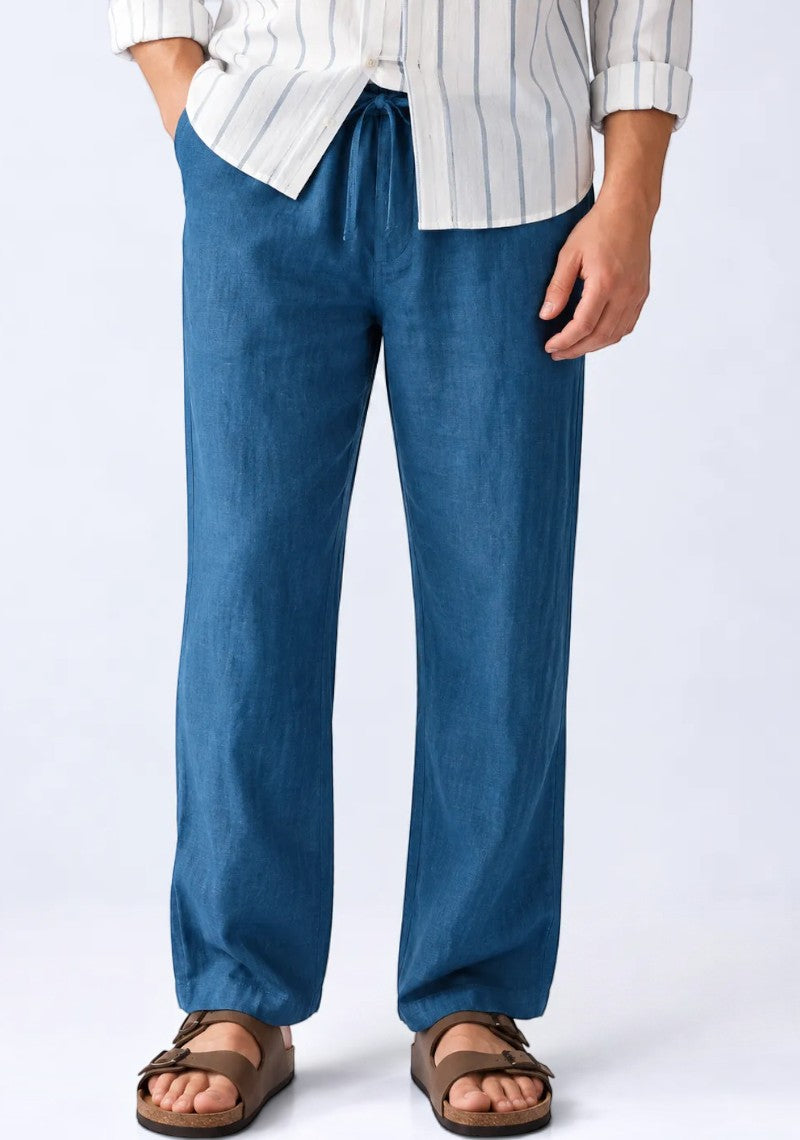 Teal Blue Linen Loose Fit Men Pant-51895