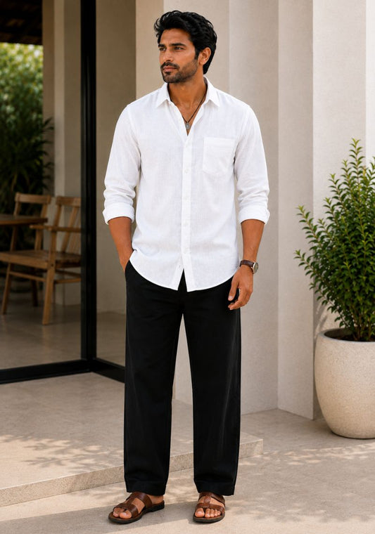 White Linen Relaxed Fit Full Sleeve Shirt-51878