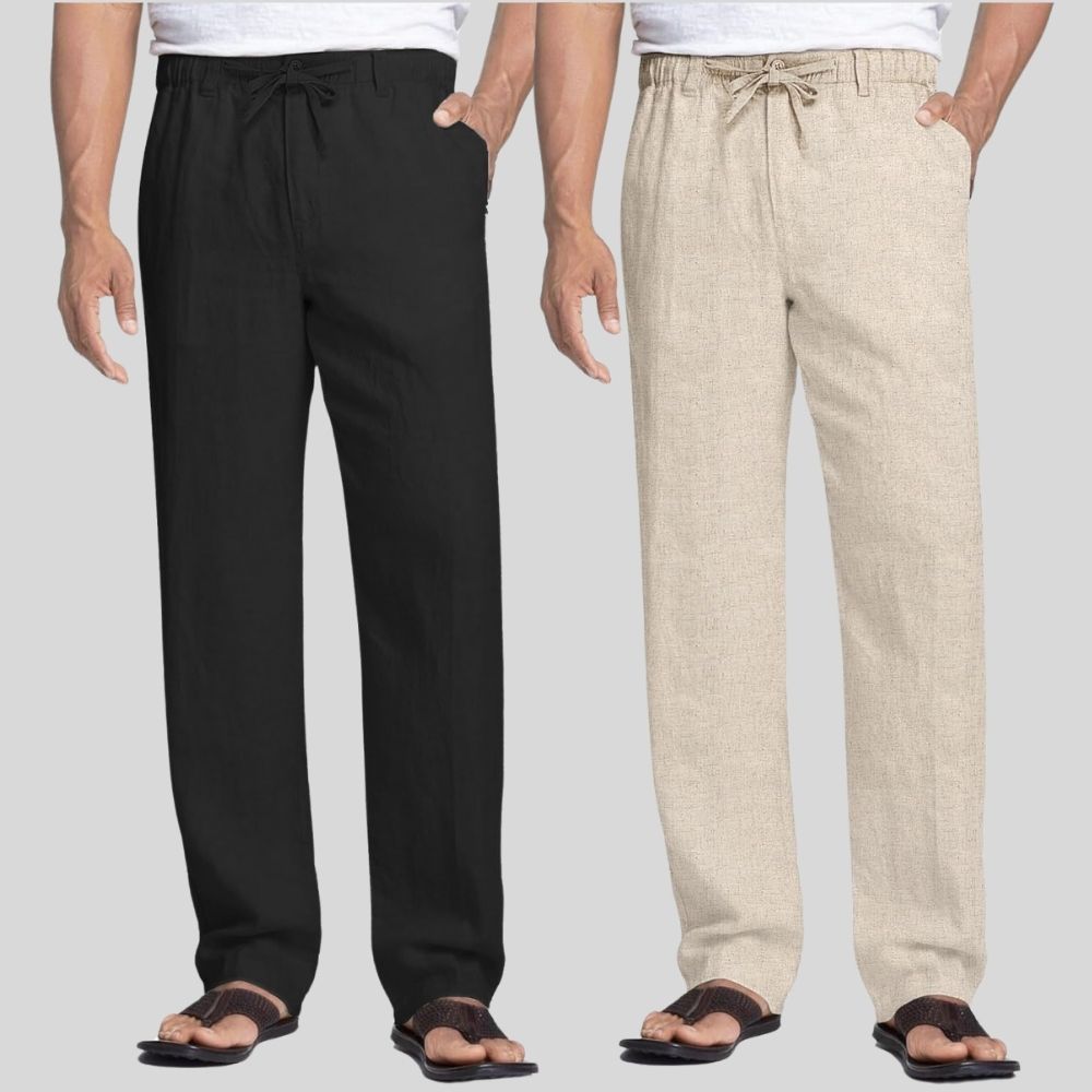 Combo of 2 Black and Beige Linen Men Pants-47361