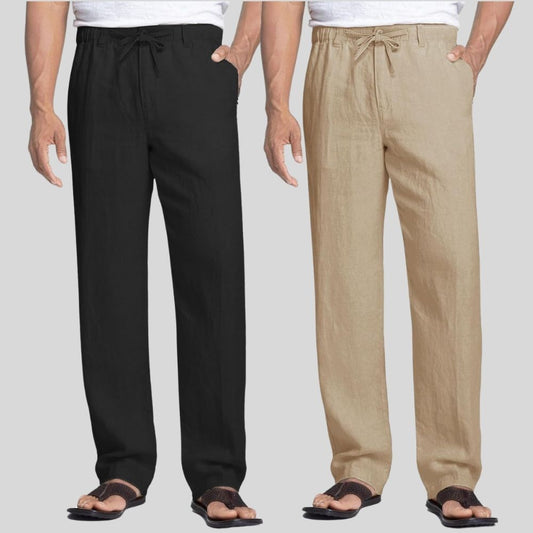 Combo of 2 Black and Light Brown Linen Men Pants-47363