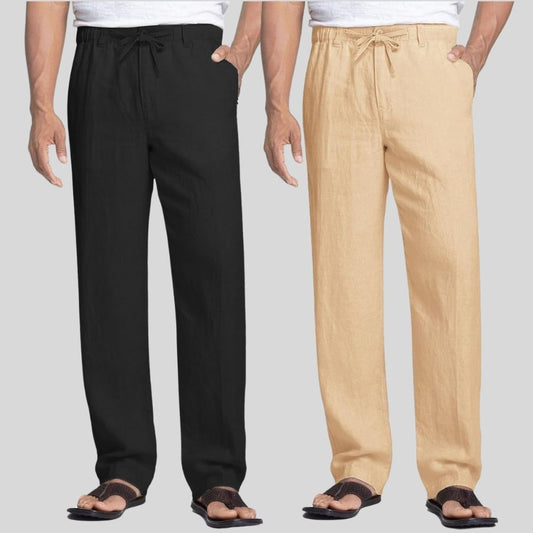Combo of 2 Black and Cream Linen Men Pants-47366