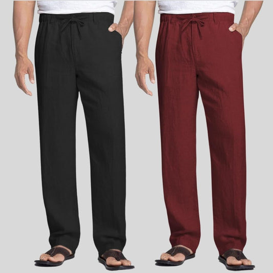 Combo of 2 Black and Maroon Linen Men Pants-47367