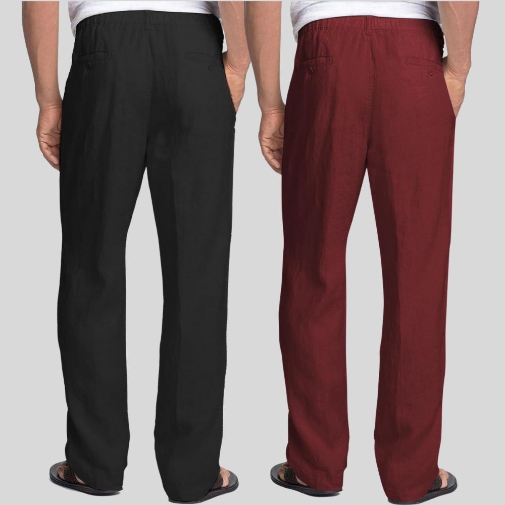 Combo of 2 Black and Maroon Linen Men Pants-47367