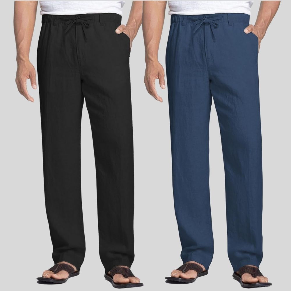 Combo of 2 Black and Teal Blue Linen Men Pants-47368