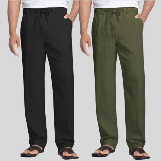 Combo of 2 Black and Army Green Linen Men Pants-47371
