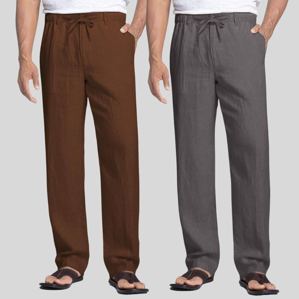 Combo of 2 Coffee Brown and Dark Gray Linen Men Pants-47373