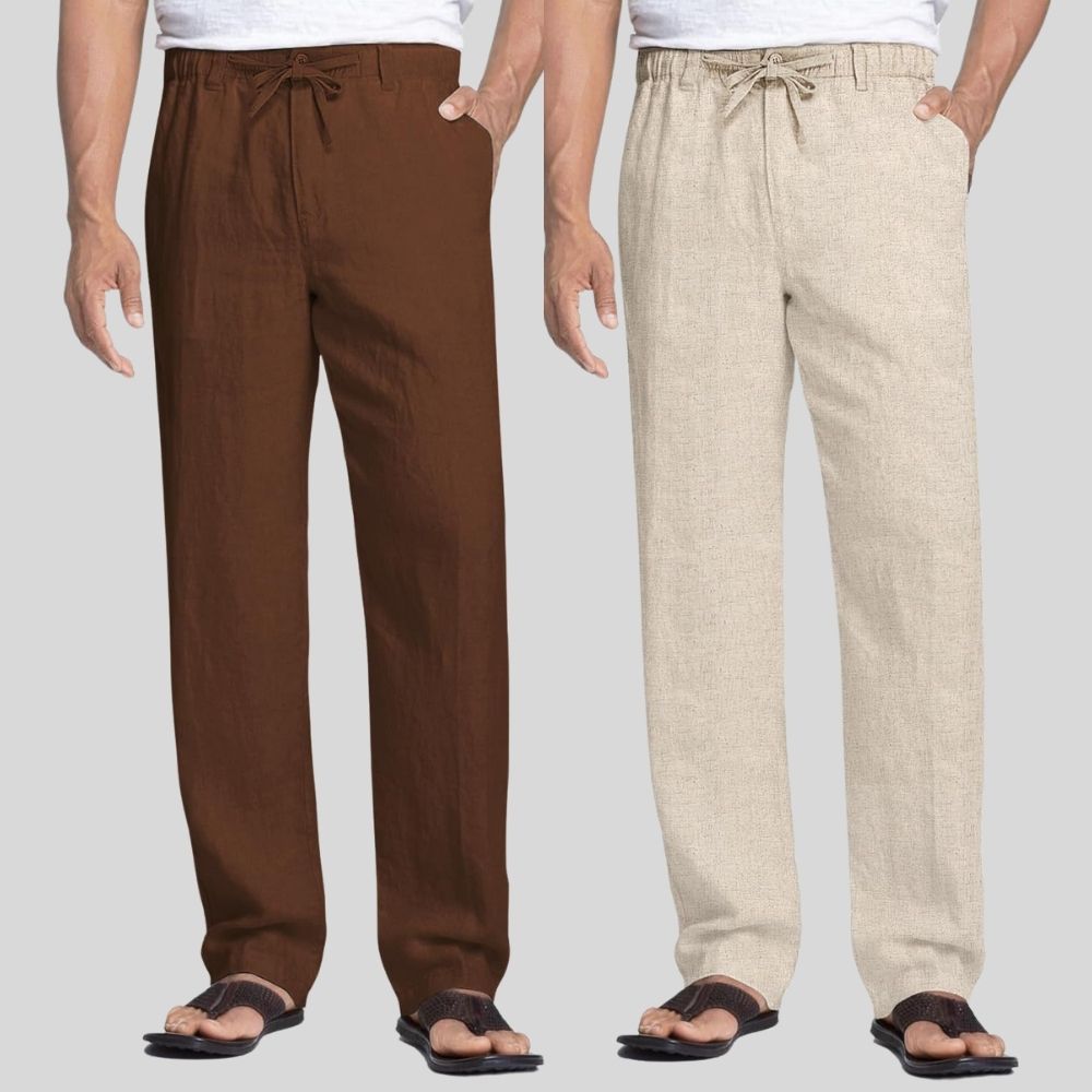 Combo of 2 Coffee Brown and Beige Linen Men Pants-47374
