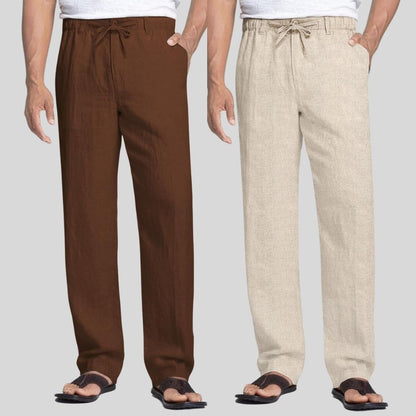 Combo of 2 Coffee Brown and Beige Linen Men Pants-47374
