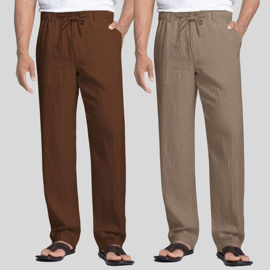 Combo of 2 Coffee Brown and Light Gray Linen Men Pants-47375