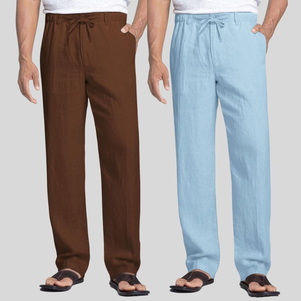 Combo of 2 Coffee Brown and Sky Blue Linen Men Pants-47377