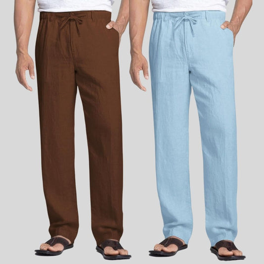 Combo of 2 Coffee Brown and Sky Blue Linen Men Pants-47377