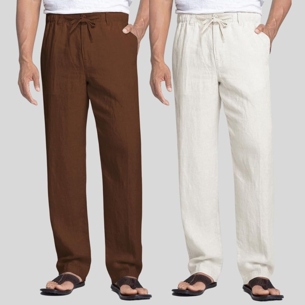 Combo of 2 Coffee Brown and White Linen Men Pants-47378