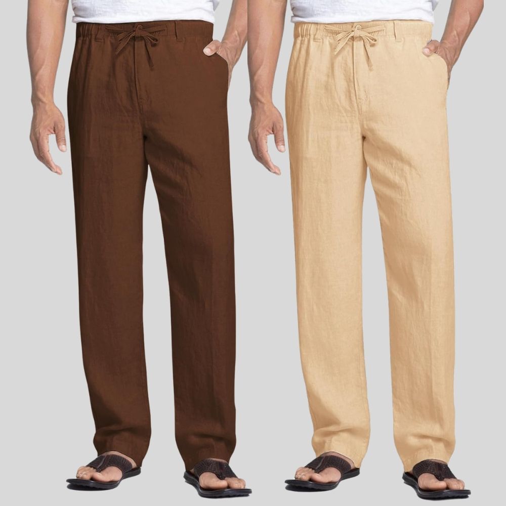Combo of 2 Coffee Brown and Cream Linen Men Pants-47379