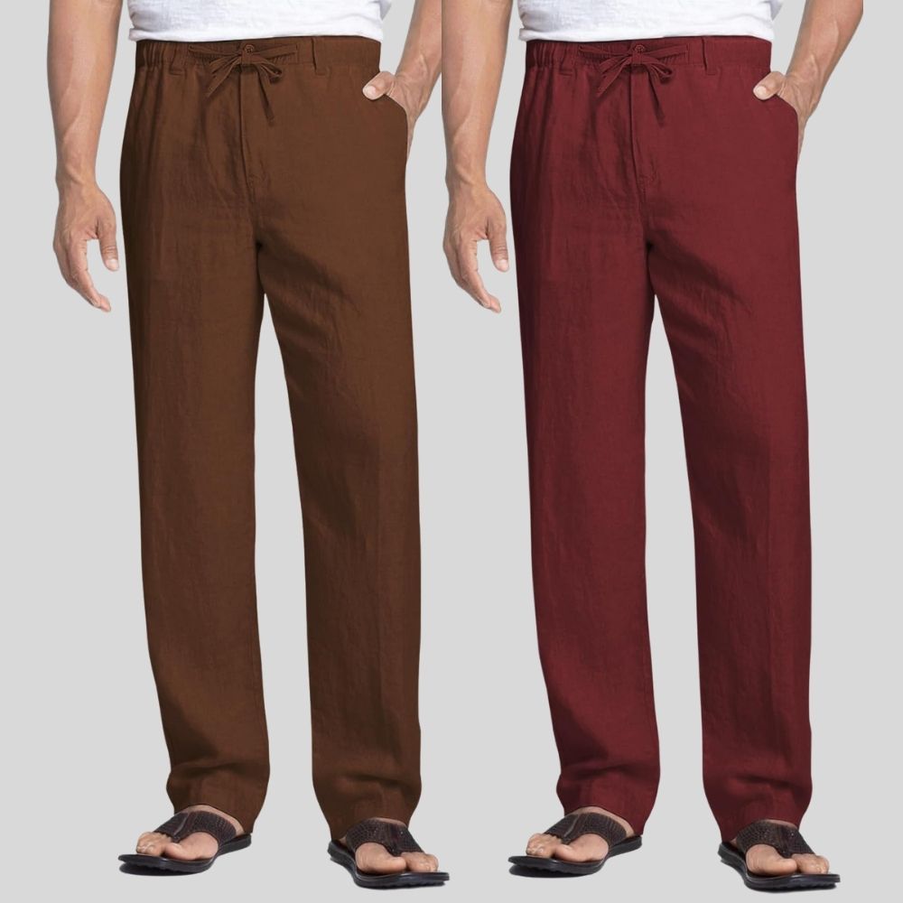 Combo of 2 Coffee Brown and Maroon Linen Men Pants-47380