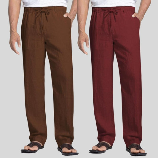 Combo of 2 Coffee Brown and Maroon Linen Men Pants-47380