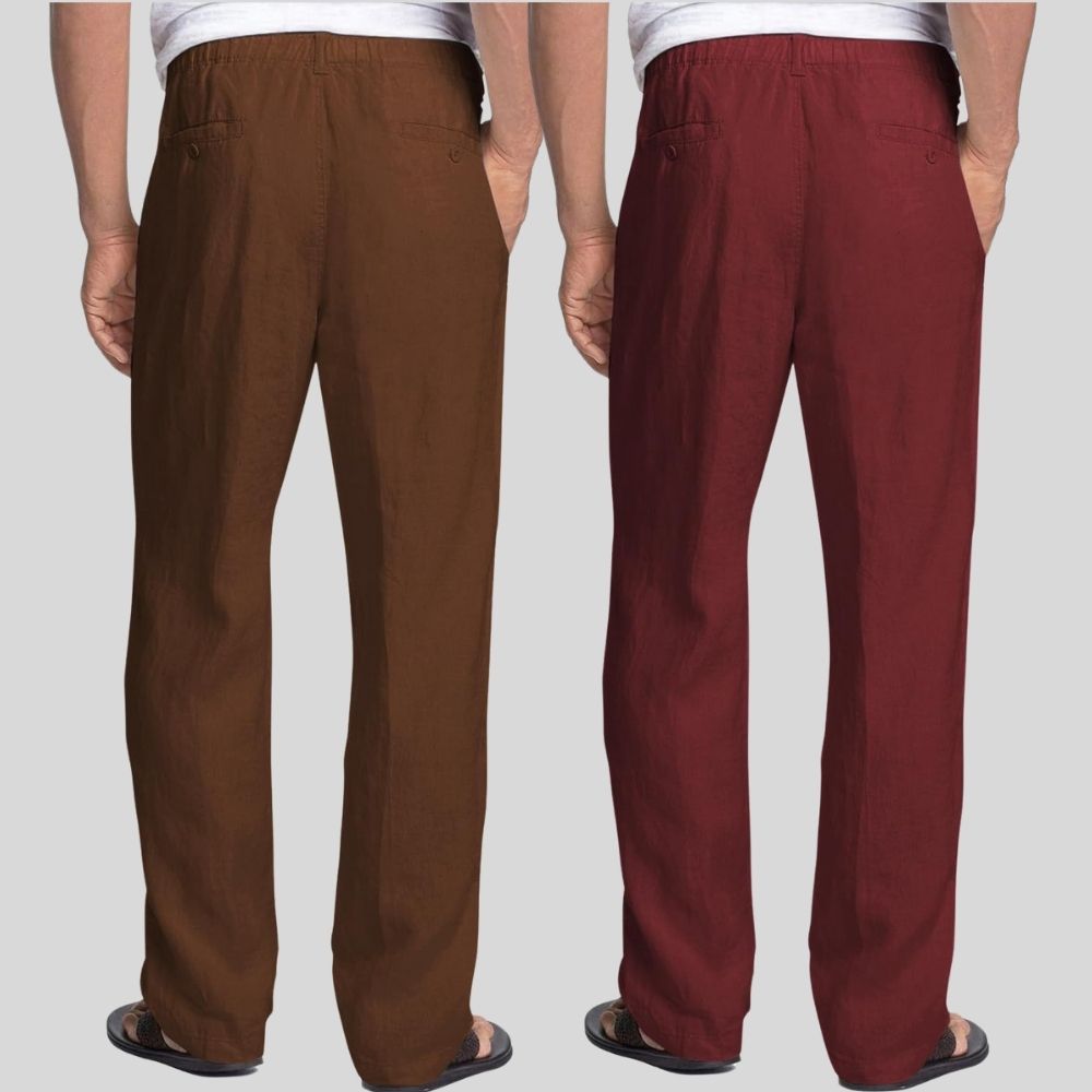 Combo of 2 Coffee Brown and Maroon Linen Men Pants-47380