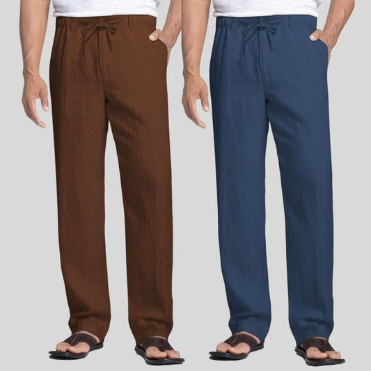 Combo of 2 Coffee Brown and Teal Blue Linen Men Pants-47381