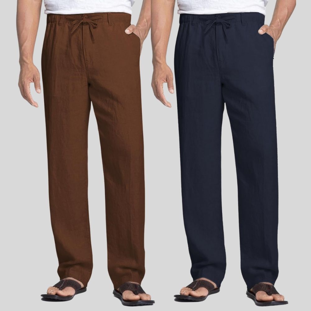 Combo of 2 Coffee Brown and Navy Blue Linen Men Pants-47382