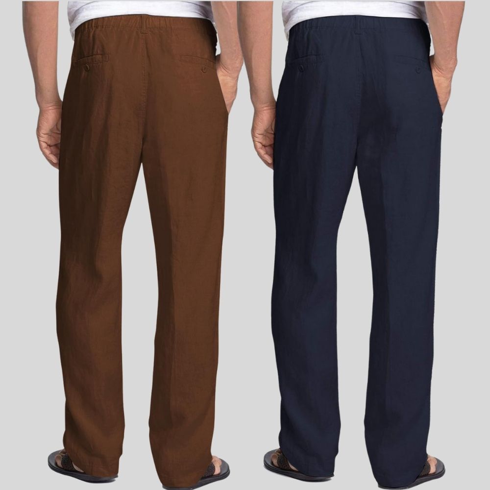 Combo of 2 Coffee Brown and Navy Blue Linen Men Pants-47382