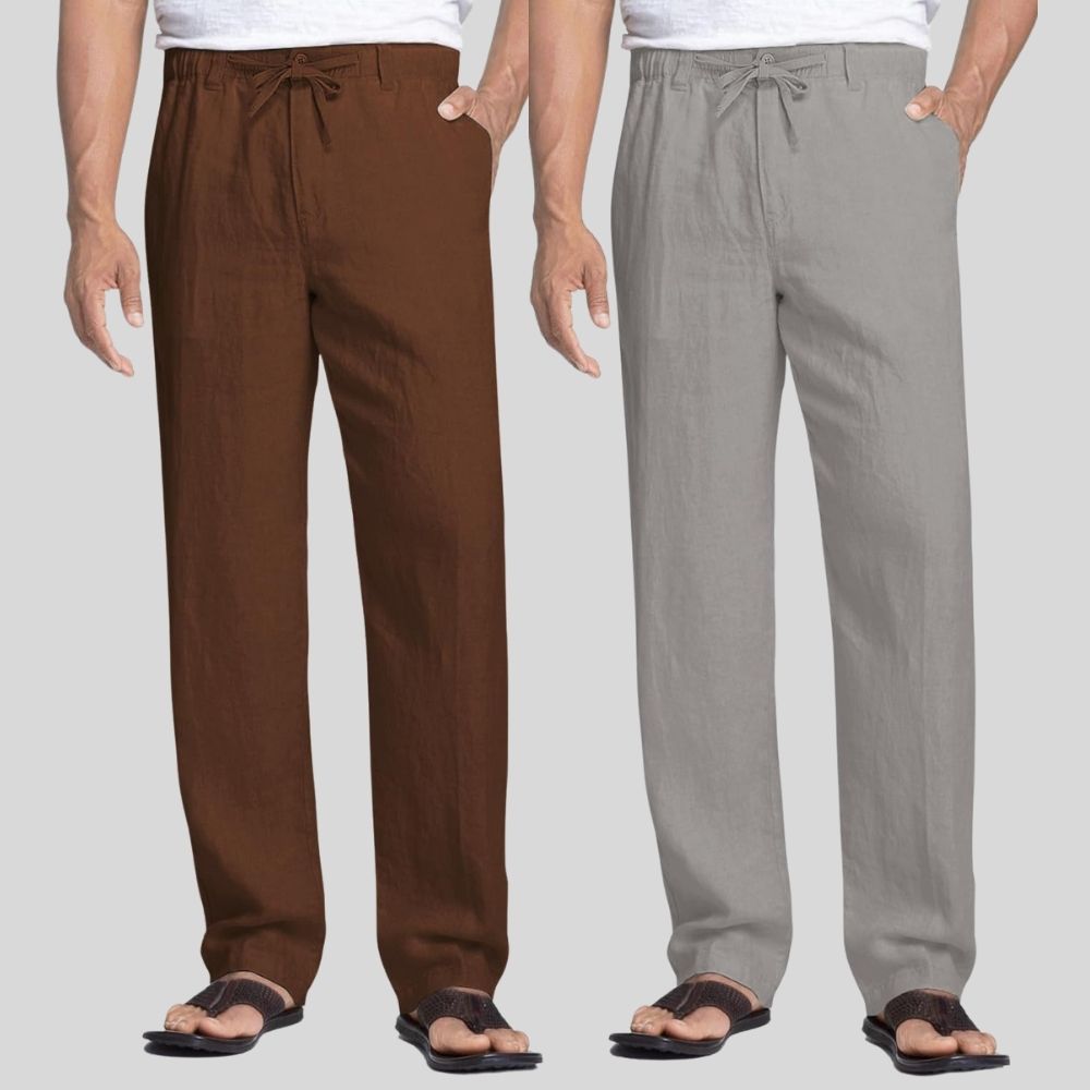 Combo of 2 Coffee Brown and Light Gray Linen Men Pants-47383