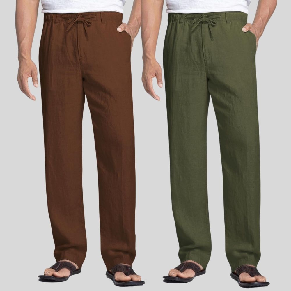 Combo of 2 Coffee Brown and Army Green Linen Men Pants-47384