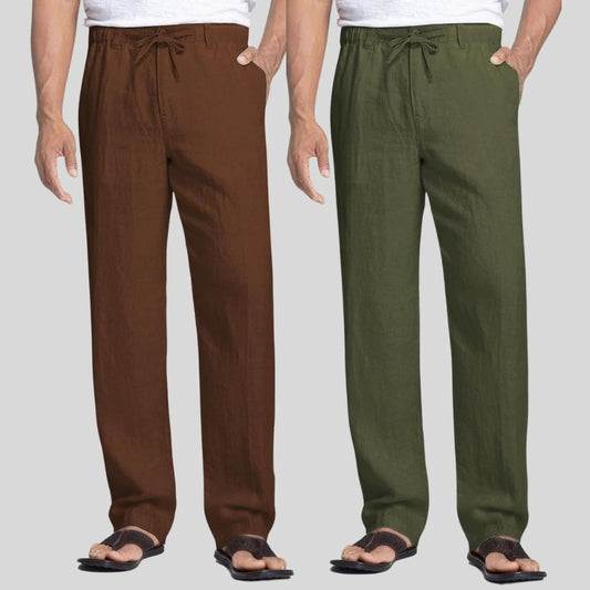 Combo of 2 Coffee Brown and Army Green Linen Men Pants-47384