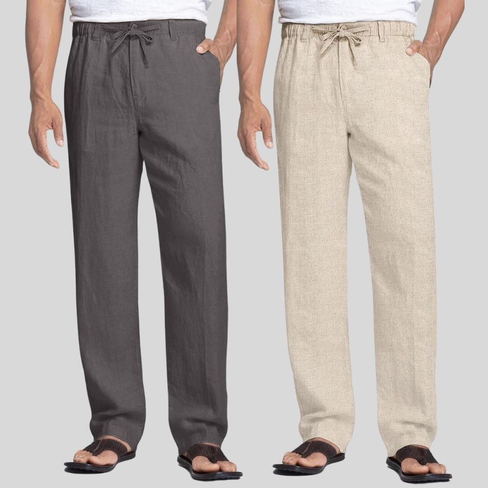 Combo of 2 Dark Gray and Beige Linen Men Pants-47386