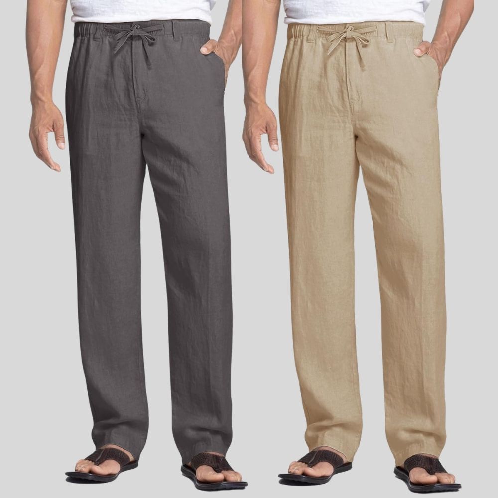 Combo of 2 Dark Gray and Light Brown Linen Men Pants-47388