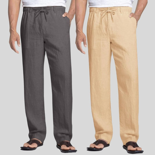 Combo of 2 Dark Gray and Cream Linen Men Pants-47391