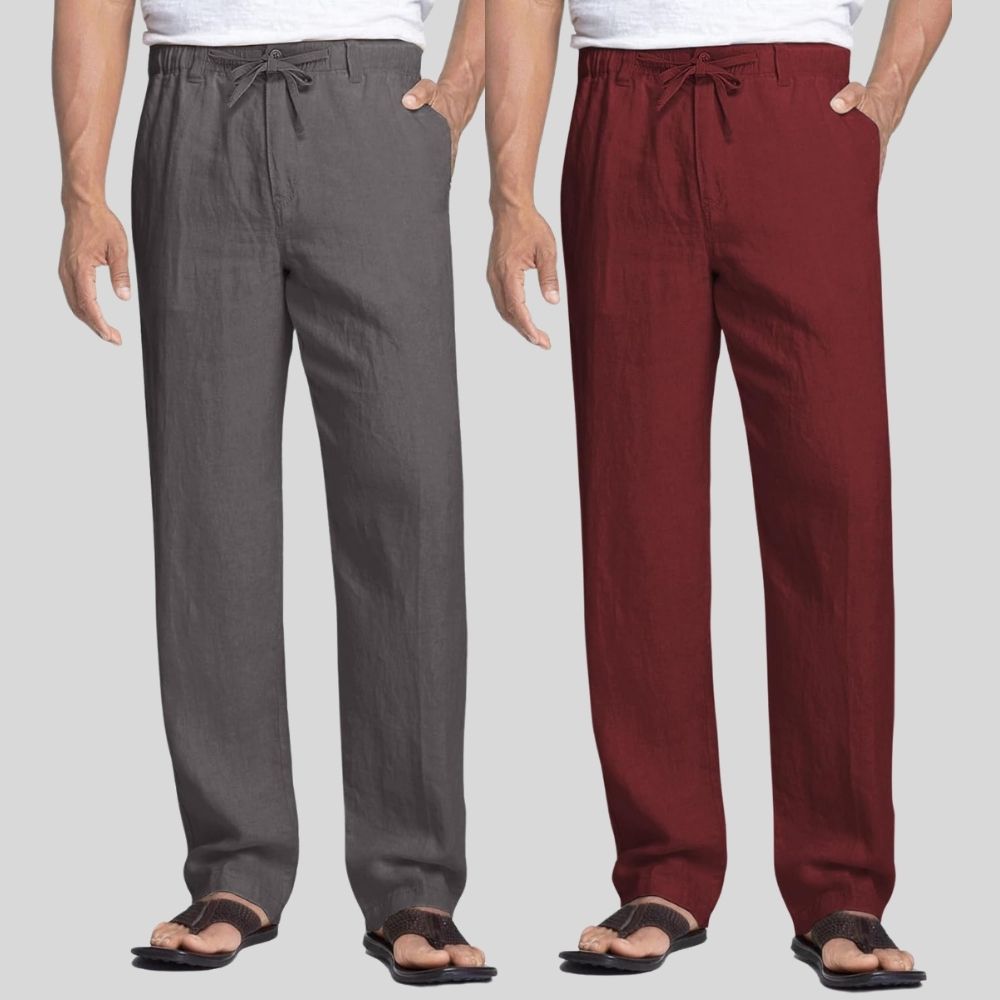 Combo of 2 Dark Gray and Maroon Linen Men Pants-47392