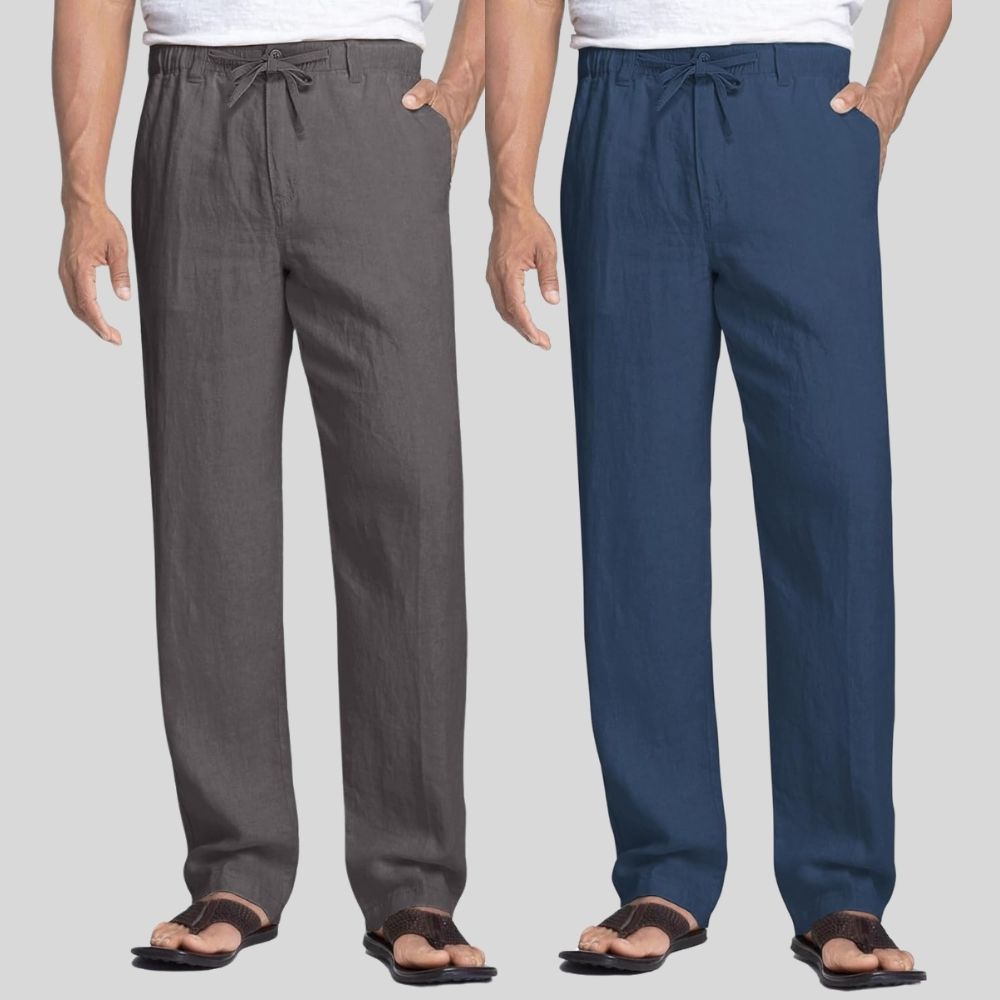 Combo of 2 Dark Gray and Teal Blue Linen Men Pants-47393