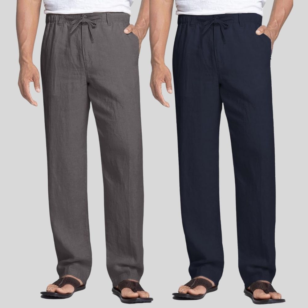 Combo of 2 Dark Gray and Navy Blue Linen Men Pants-47395