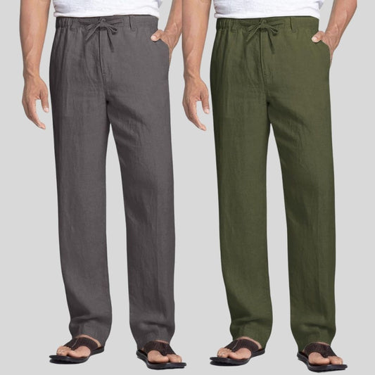Combo of 2 Dark Gray and Army Green Linen Men Pants-47396