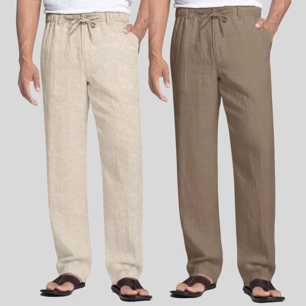 Combo of 2 Beige and Light Gray Linen Men Pants-47398